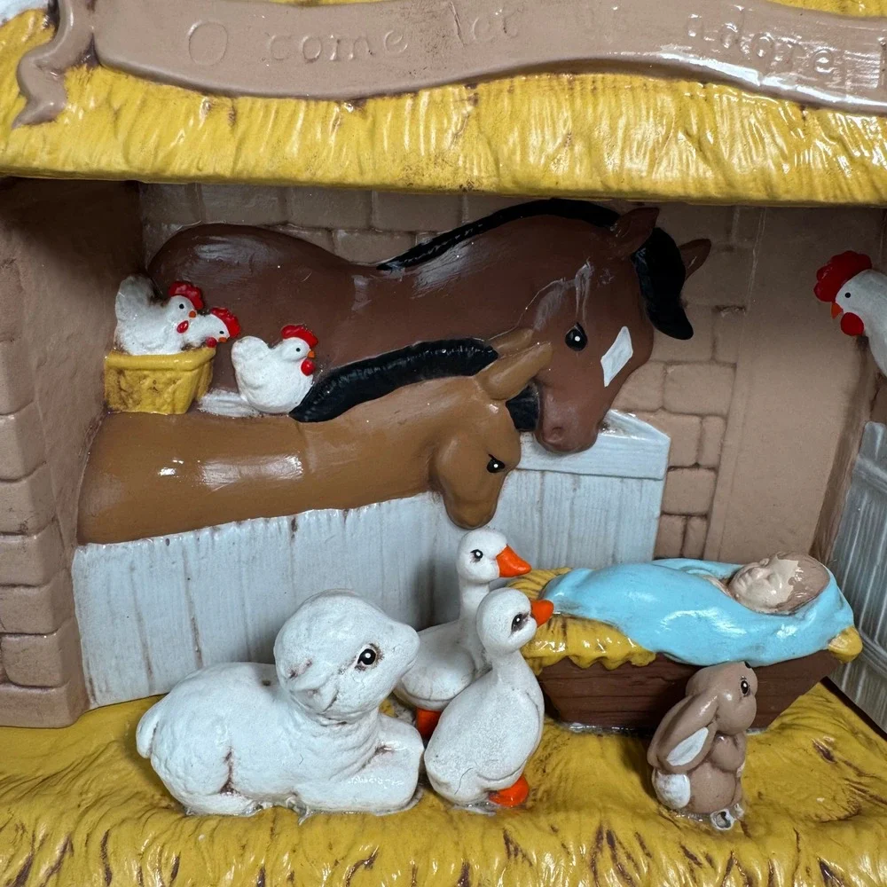 Vintage 1988 Hand Painted Ceramic Lighted Nativity Scene Stable Baby Jesus 1980s